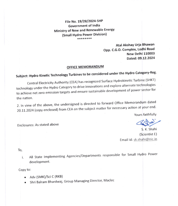 MNRE Office Memorandum on Hydro Kinetic Technology Turbines