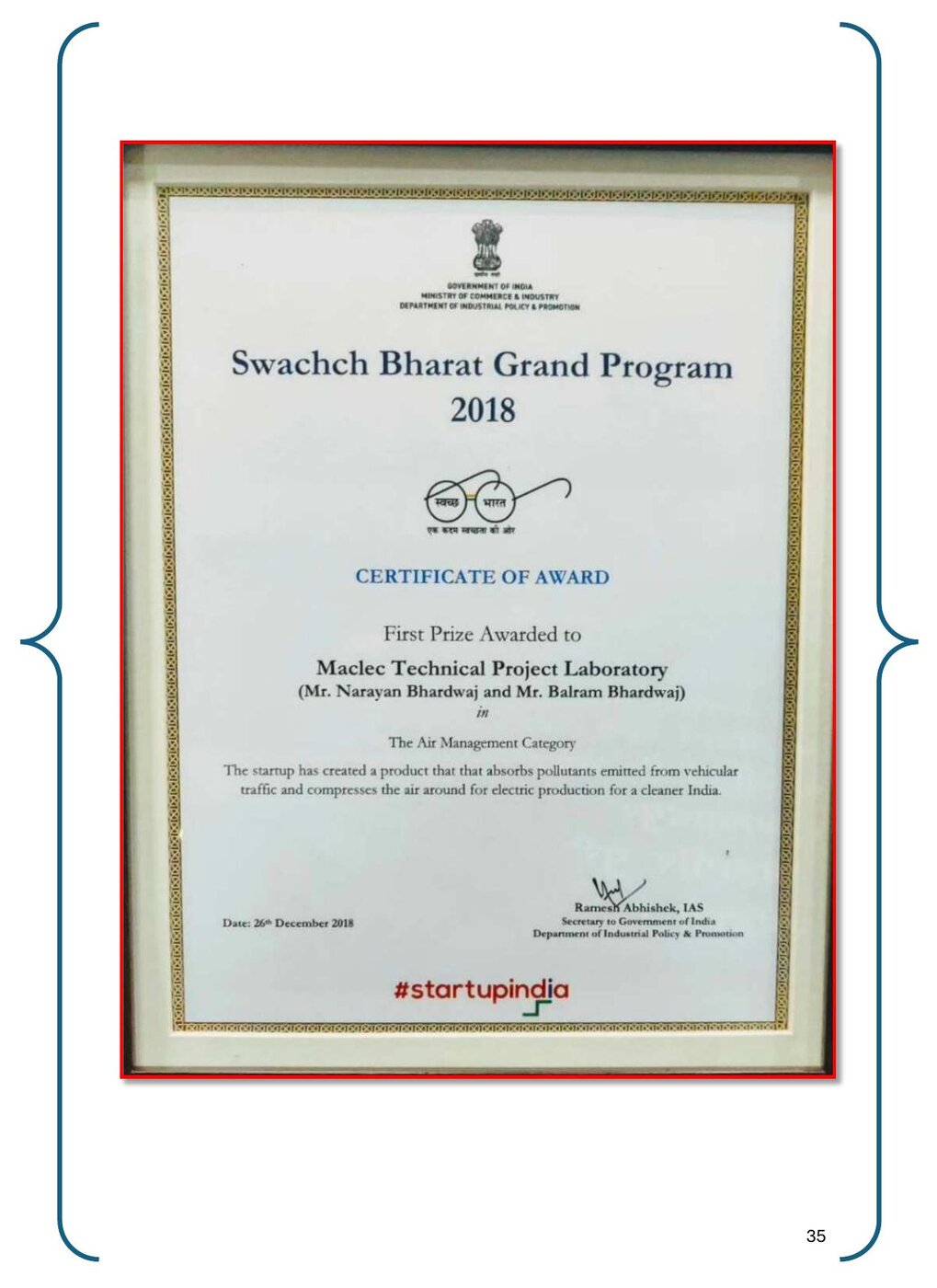 Swachh Bharat Grand Program 2018 First Prize Certificate