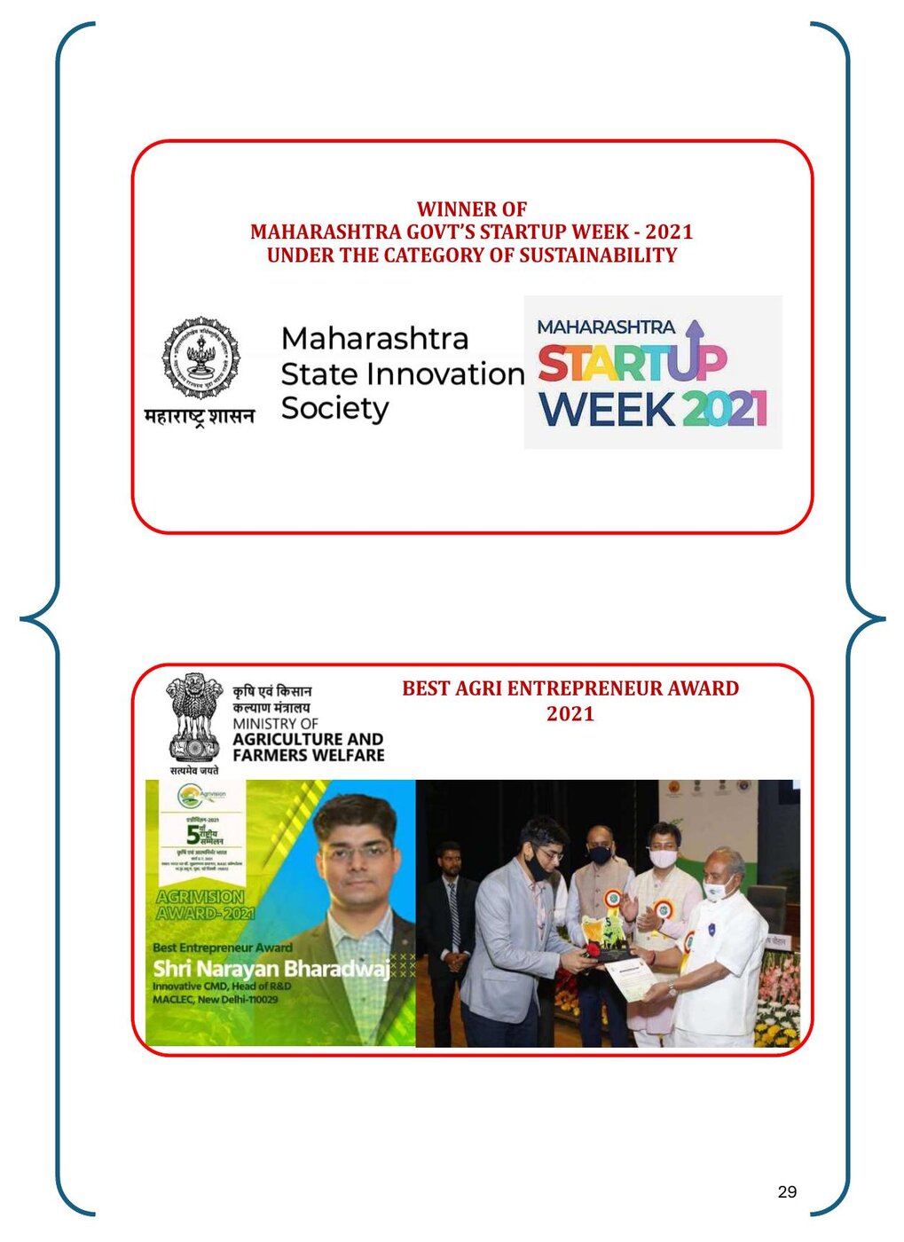 Maharashtra Government Startup Week winner and Best Agri Entrepreneur Award