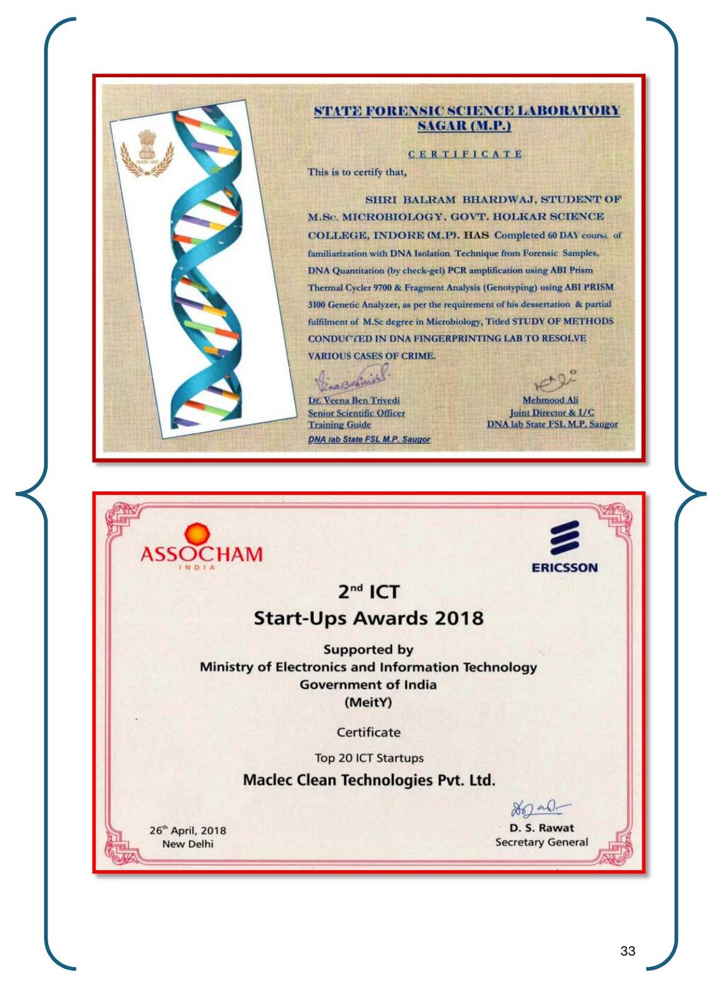 State Forensic Science Laboratory certificate and ASSOCHAM ICT Start-Ups Awards 2018 certificate
